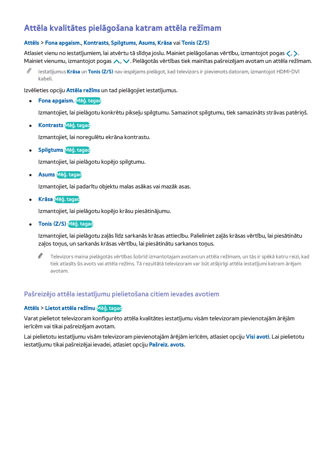 Samsung UE48H8000STXXH, UE65H8000STXXH, UE55H8000STXXH manual Attēla kvalitātes pielāgošana katram attēla režīmam 