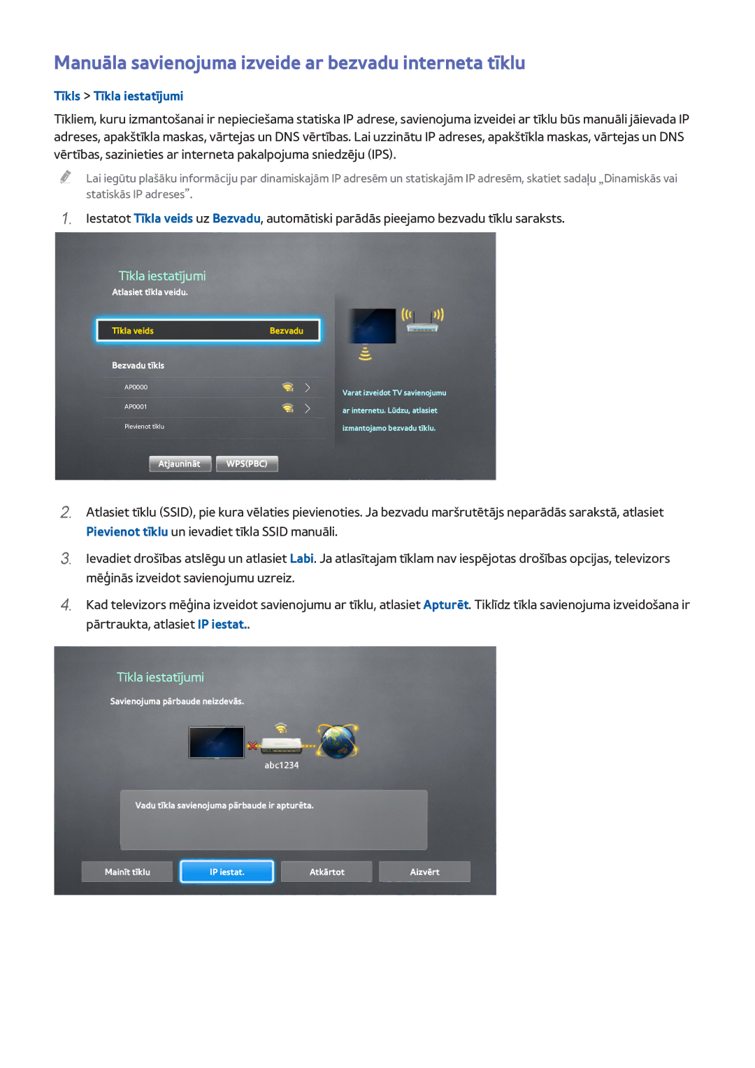 Samsung UE55H8000STXXH, UE65H8000STXXH manual Manuāla savienojuma izveide ar bezvadu interneta tīklu, Bezvadu tīkls 