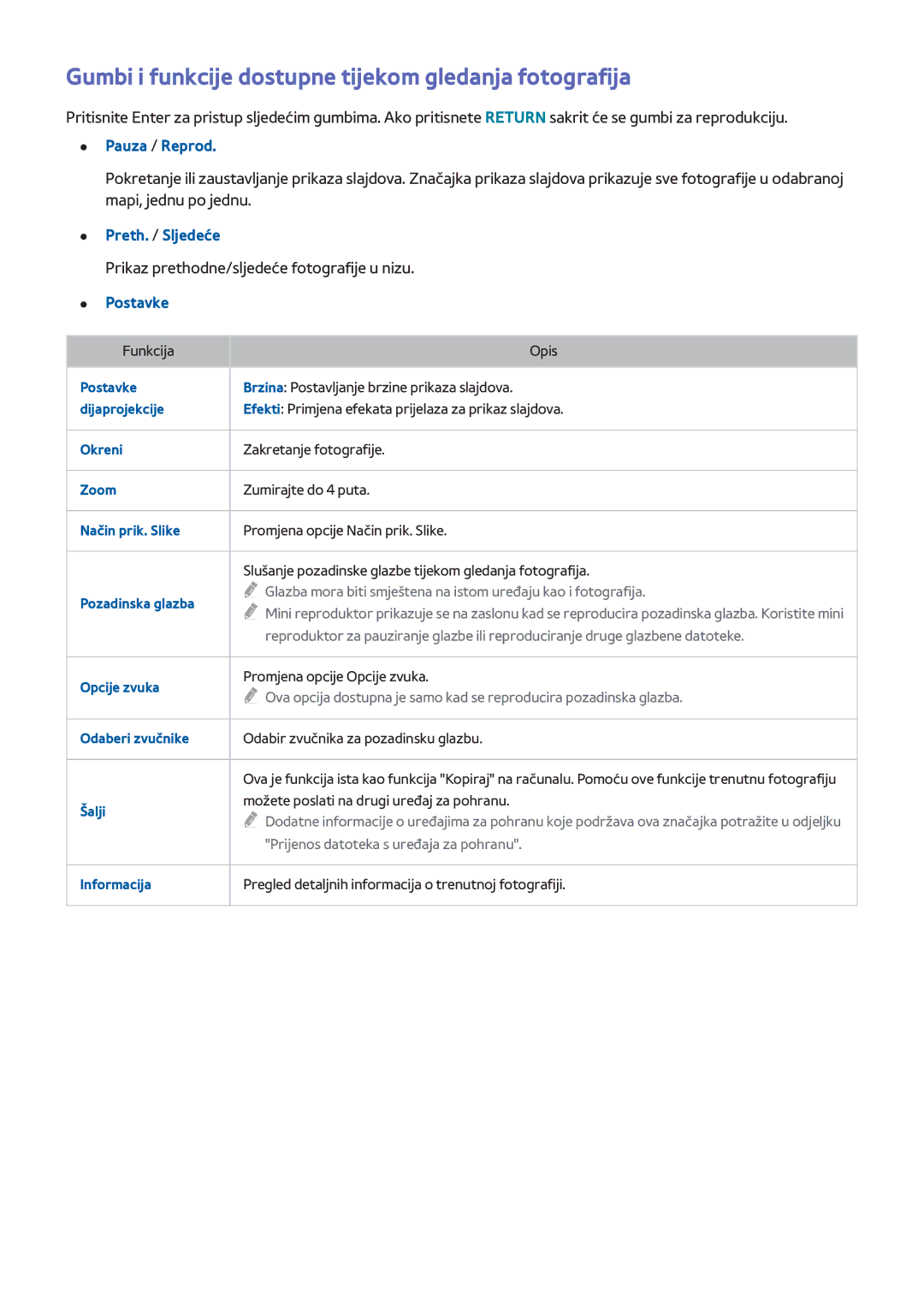 Samsung UE48H8000STXXH manual Gumbi i funkcije dostupne tijekom gledanja fotografija, Pauza / Reprod, Preth. / Sljedeće 