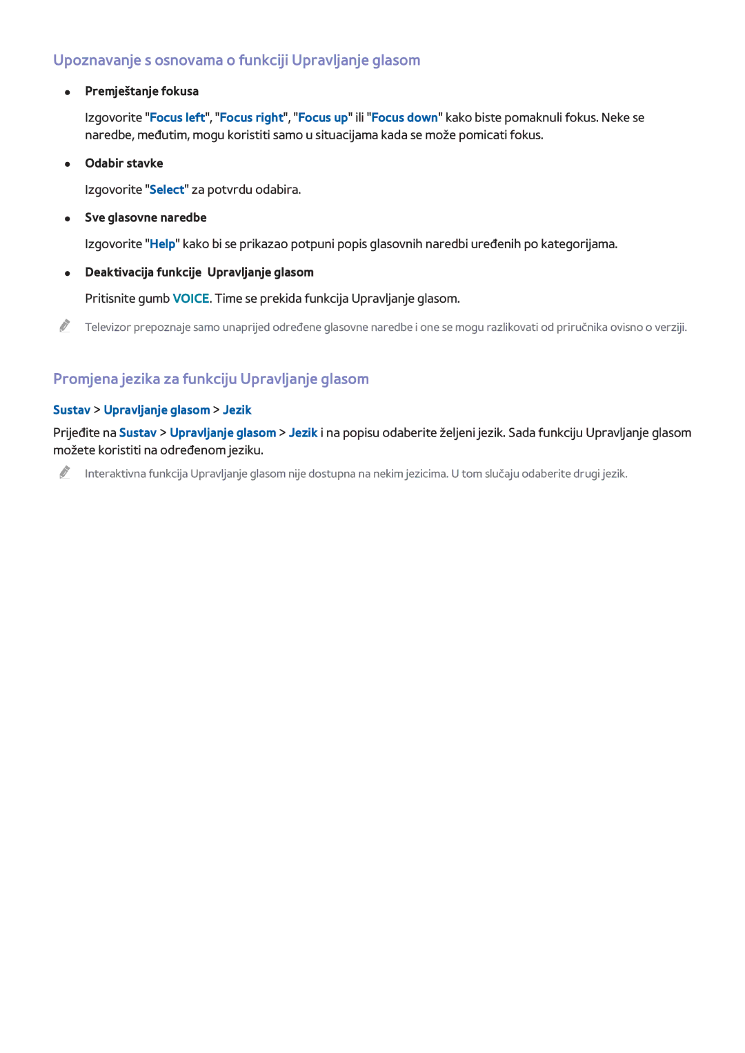 Samsung UE48H8000STXXH manual Upoznavanje s osnovama o funkciji Upravljanje glasom, Sustav Upravljanje glasom Jezik 
