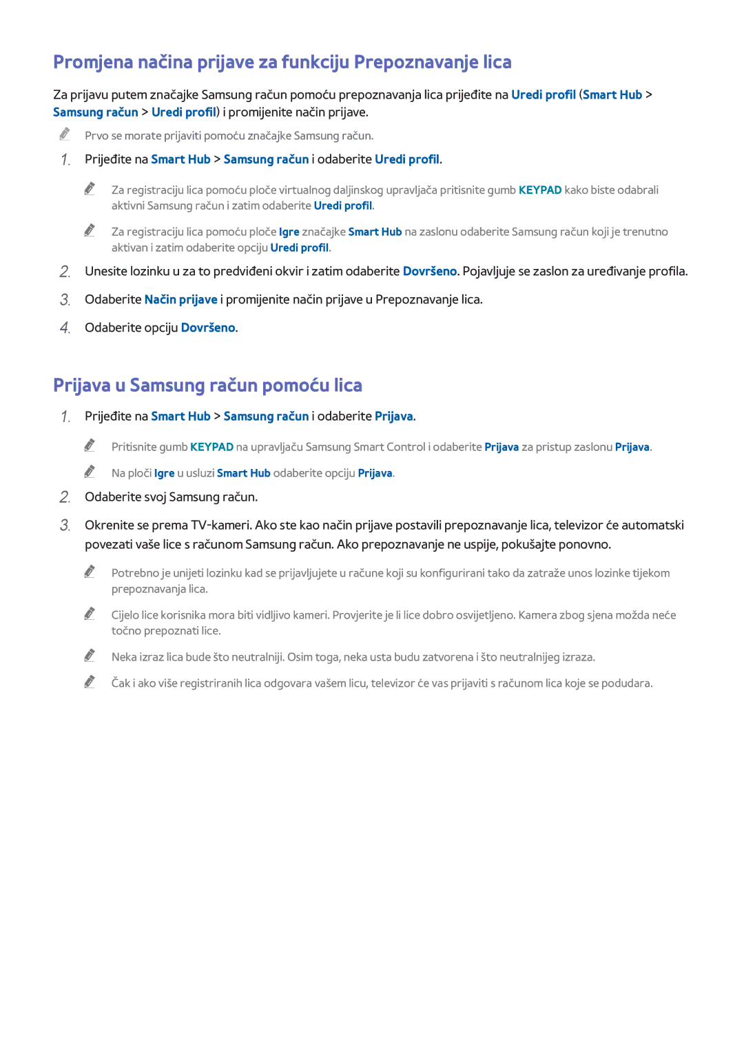 Samsung UE55H8000STXXH manual Promjena načina prijave za funkciju Prepoznavanje lica, Prijava u Samsung račun pomoću lica 