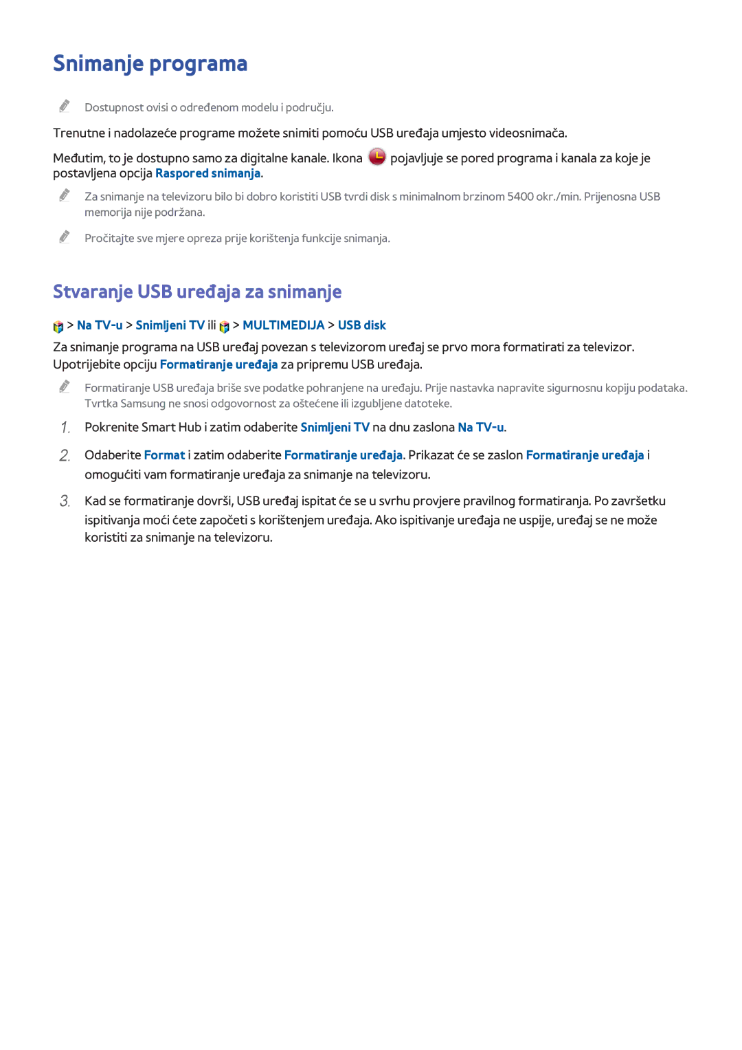 Samsung UE55H8000STXXH Snimanje programa, Stvaranje USB uređaja za snimanje, Na TV-u Snimljeni TV ili Multimedija USB disk 