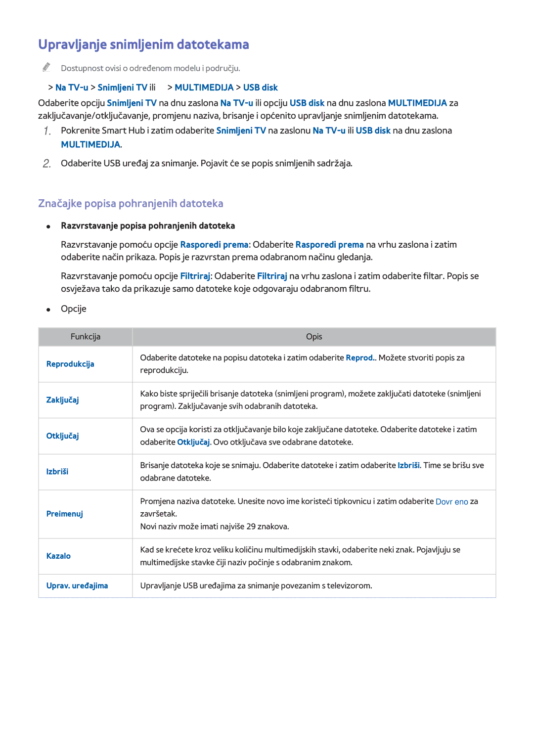 Samsung UE48H8000STXXH, UE65H8000STXXH manual Upravljanje snimljenim datotekama, Značajke popisa pohranjenih datoteka 