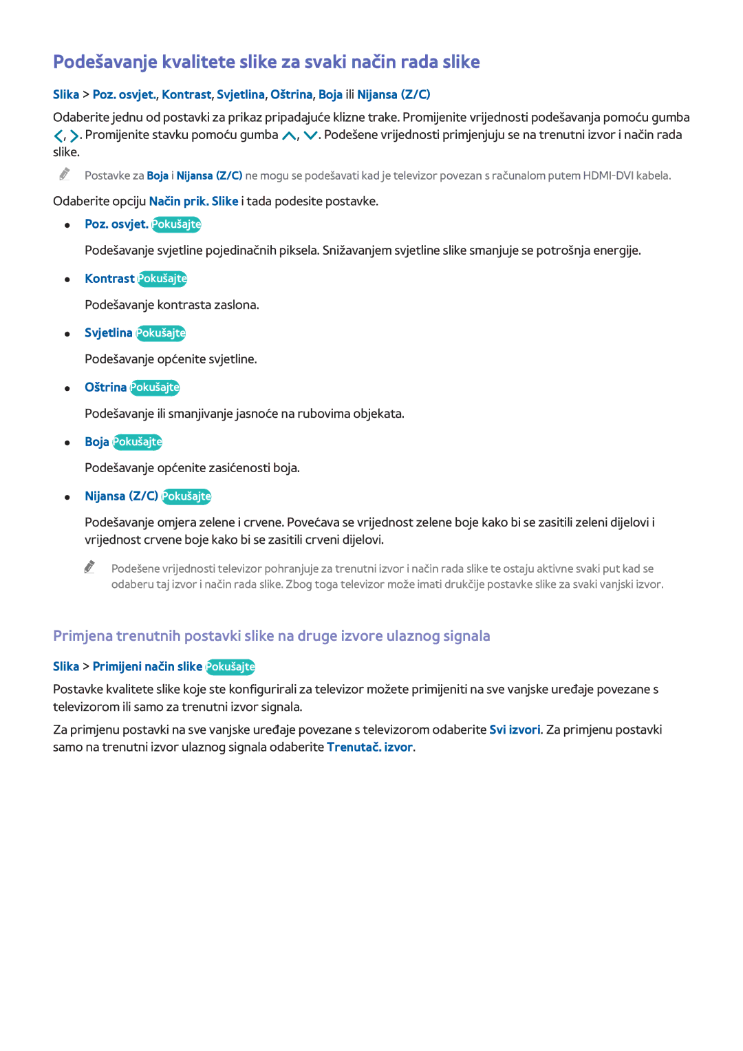 Samsung UE48H8000STXXH, UE65H8000STXXH, UE55H8000STXXH manual Podešavanje kvalitete slike za svaki način rada slike 