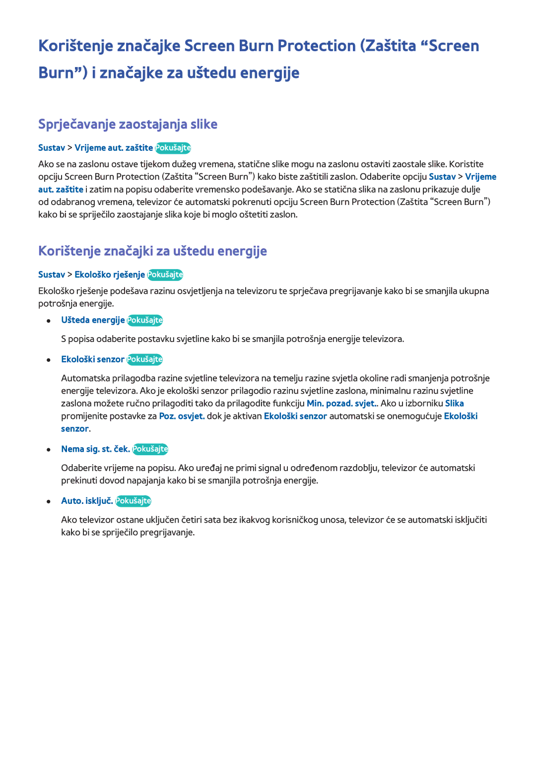 Samsung UE55H8000STXXH, UE65H8000STXXH manual Sprječavanje zaostajanja slike, Korištenje značajki za uštedu energije 