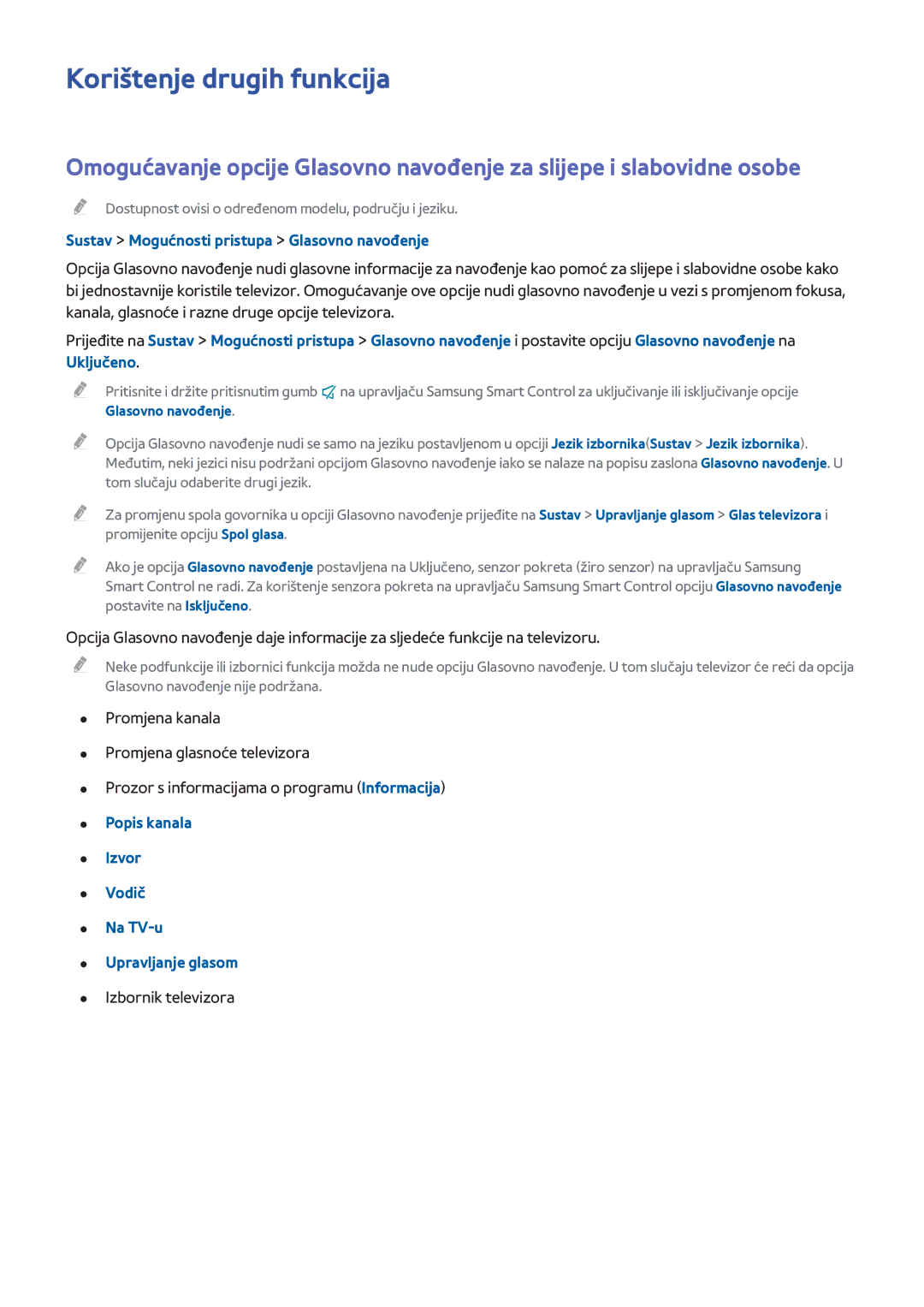 Samsung UE48H8000STXXH Korištenje drugih funkcija, Sustav Mogućnosti pristupa Glasovno navođenje, Izbornik televizora 