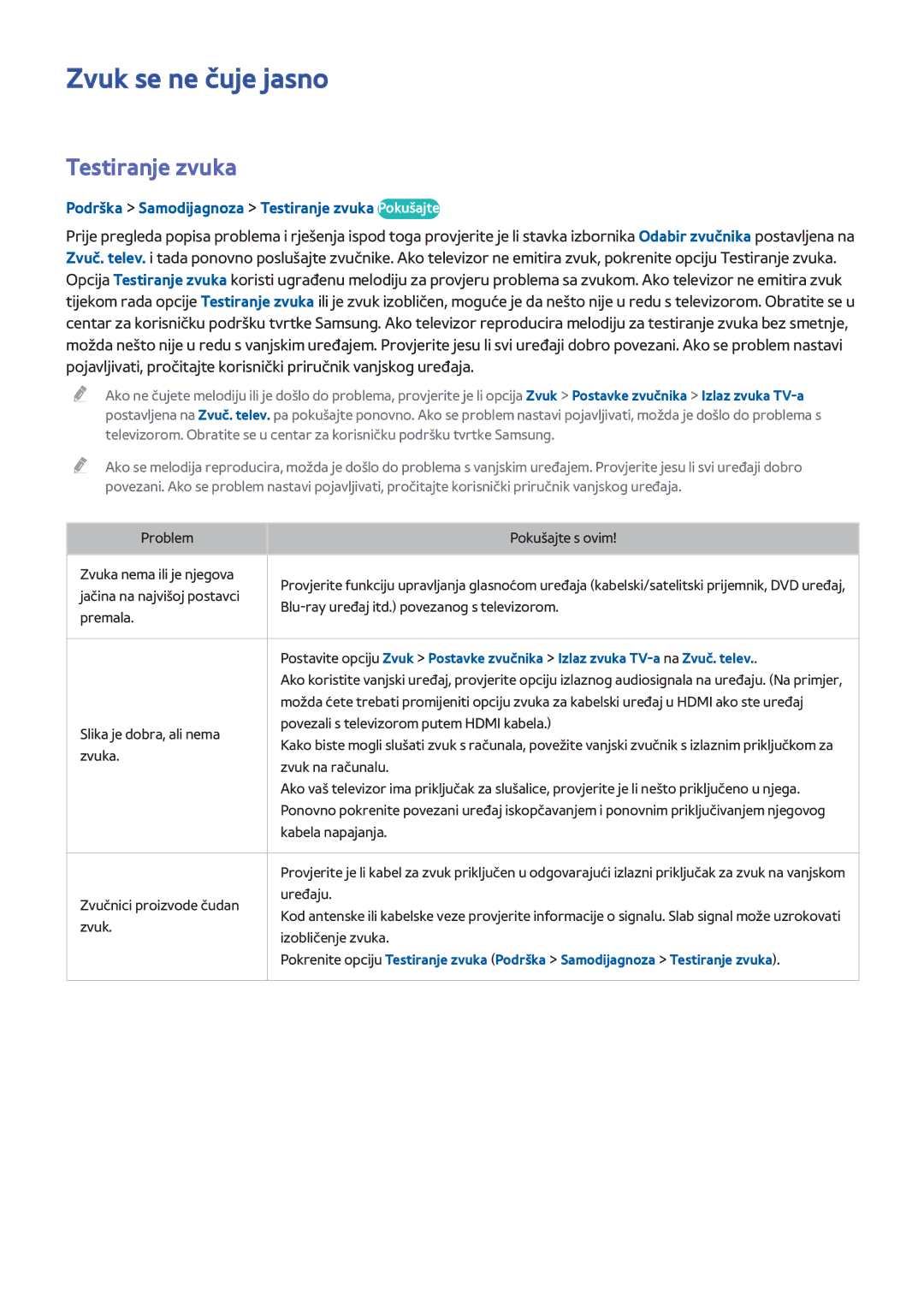 Samsung UE55H8000STXXH, UE65H8000STXXH manual Zvuk se ne čuje jasno, Podrška Samodijagnoza Testiranje zvuka Pokušajte 
