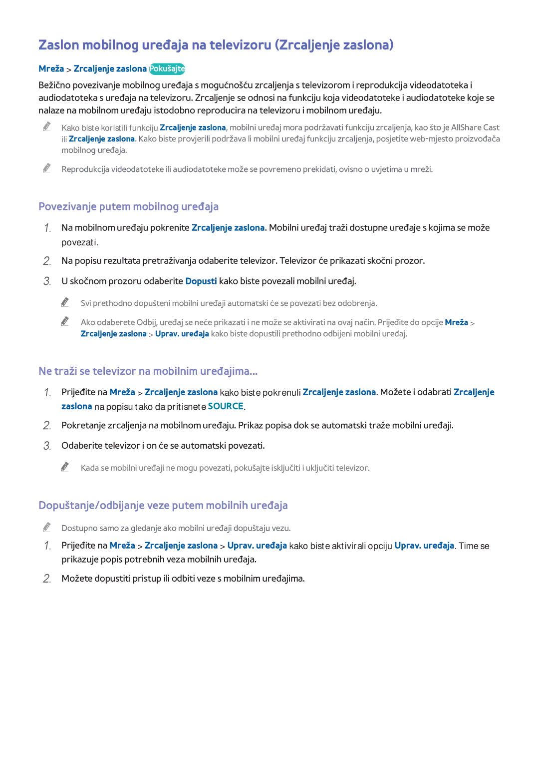 Samsung UE48H8000STXXH manual Zaslon mobilnog uređaja na televizoru Zrcaljenje zaslona, Povezivanje putem mobilnog uređaja 