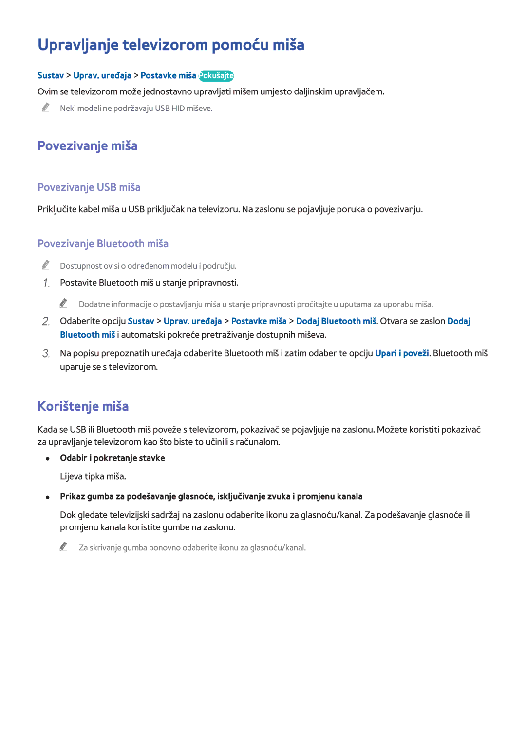 Samsung UE48H8000STXXH manual Upravljanje televizorom pomoću miša, Povezivanje miša, Korištenje miša, Povezivanje USB miša 