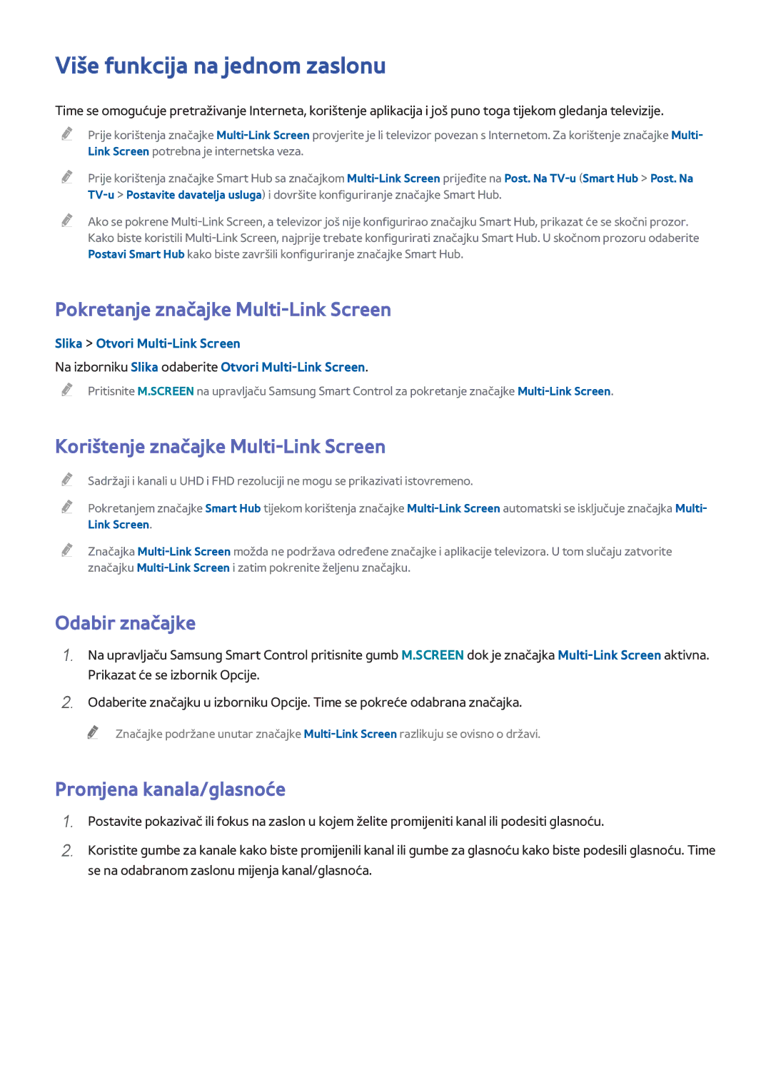 Samsung UE55H8000STXXH manual Više funkcija na jednom zaslonu, Pokretanje značajke Multi-Link Screen, Odabir značajke 