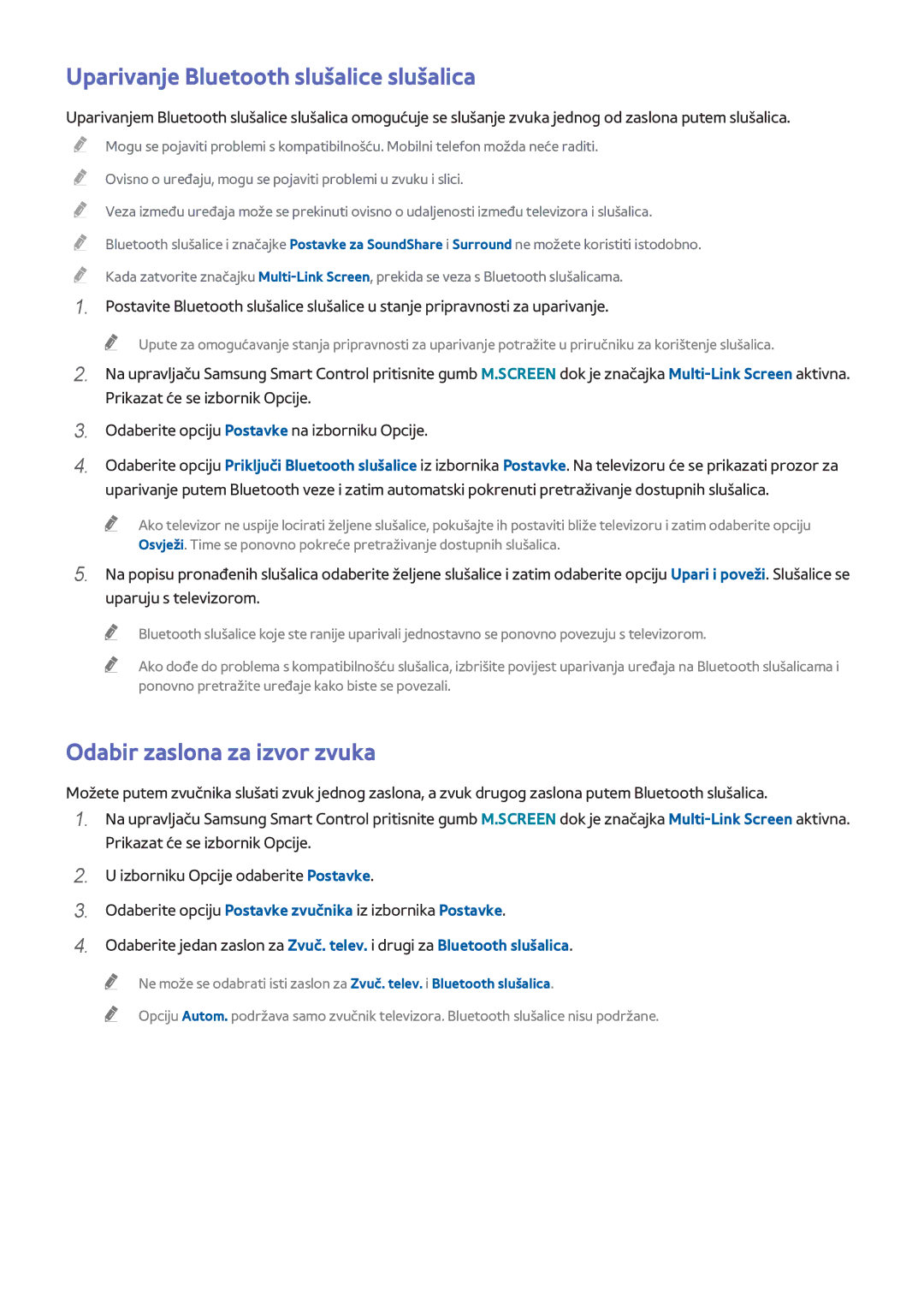 Samsung UE65H8000STXXH, UE48H8000STXXH manual Uparivanje Bluetooth slušalice slušalica, Odabir zaslona za izvor zvuka 