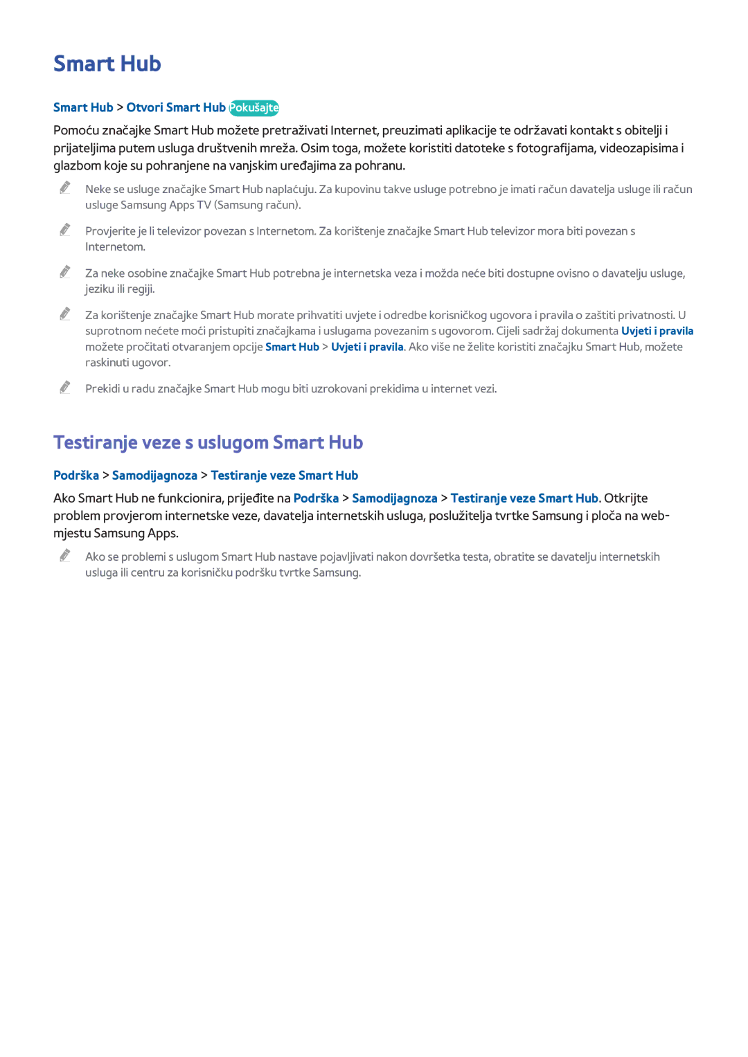 Samsung UE48H8000STXXH, UE65H8000STXXH manual Testiranje veze s uslugom Smart Hub, Smart Hub Otvori Smart Hub Pokušajte 