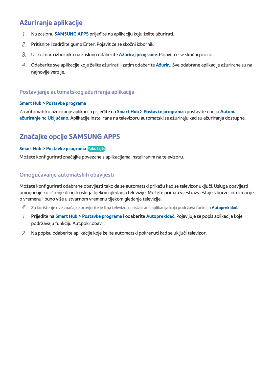 Samsung UE55H8000STXXH Ažuriranje aplikacije, Značajke opcije Samsung Apps, Postavljanje automatskog ažuriranja aplikacija 