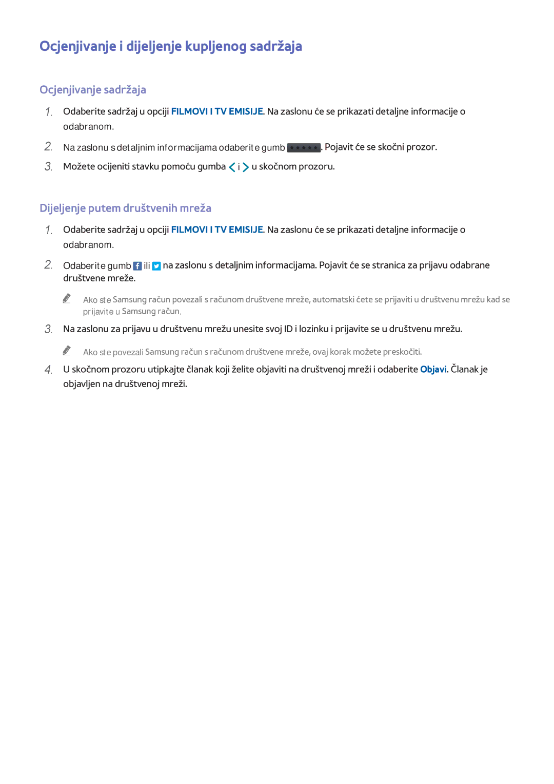 Samsung UE55H8000STXXH, UE65H8000STXXH, UE48H8000STXXH Ocjenjivanje i dijeljenje kupljenog sadržaja, Ocjenjivanje sadržaja 