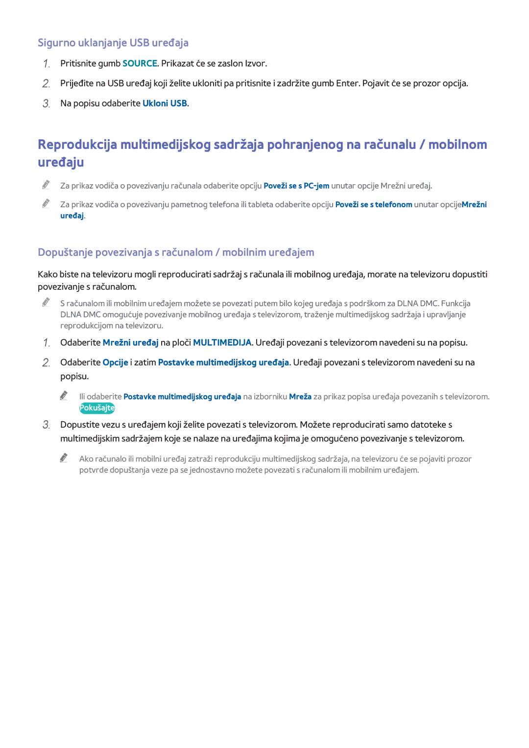 Samsung UE48H8000STXXH manual Sigurno uklanjanje USB uređaja, Dopuštanje povezivanja s računalom / mobilnim uređajem 