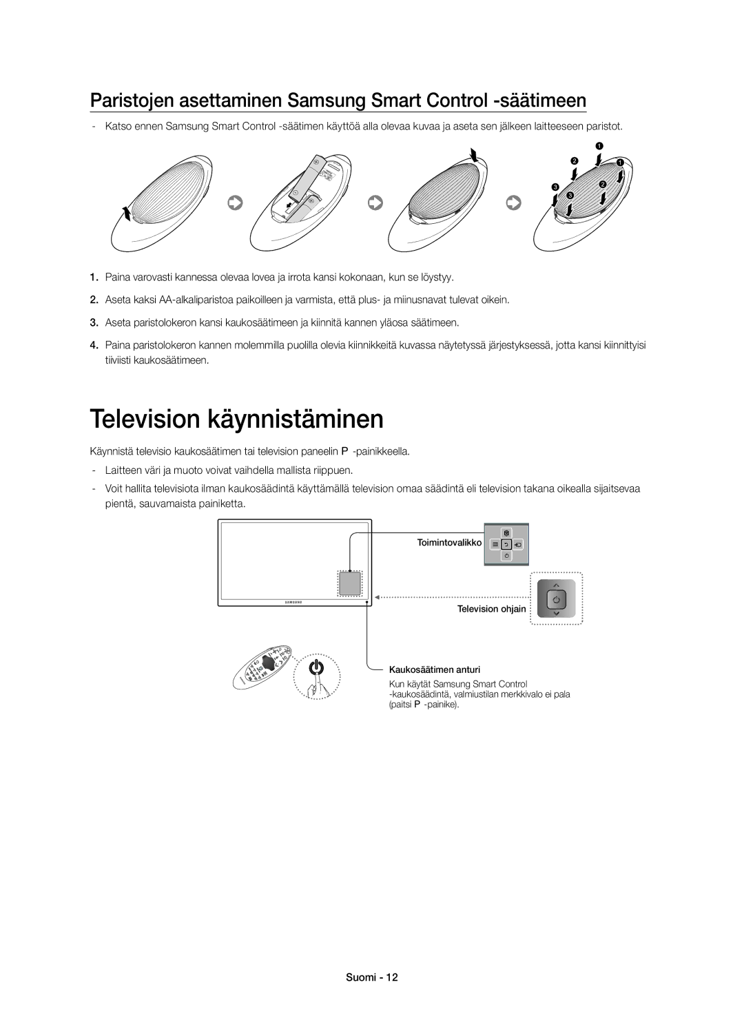 Samsung UE48H8005SQXXE, UE65H8005SQXXE Television käynnistäminen, Paristojen asettaminen Samsung Smart Control -säätimeen 