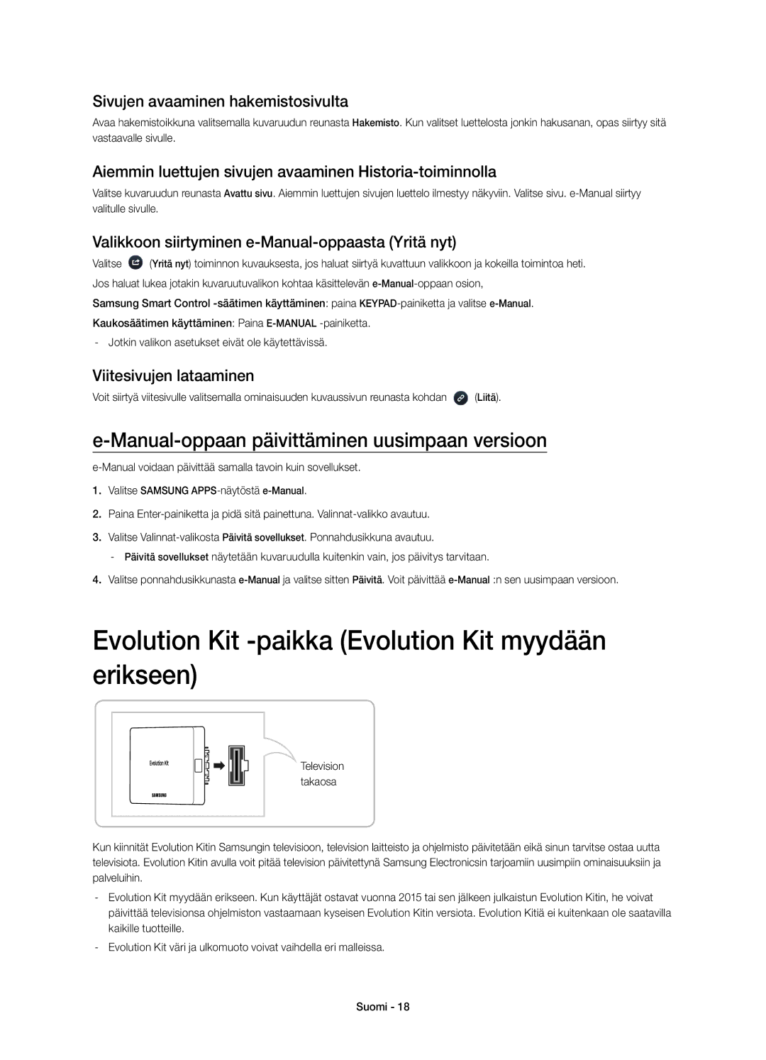 Samsung UE48H8005SQXXE, UE65H8005SQXXE, UE55H8005SQXXE manual Evolution Kit -paikka Evolution Kit myydään erikseen 