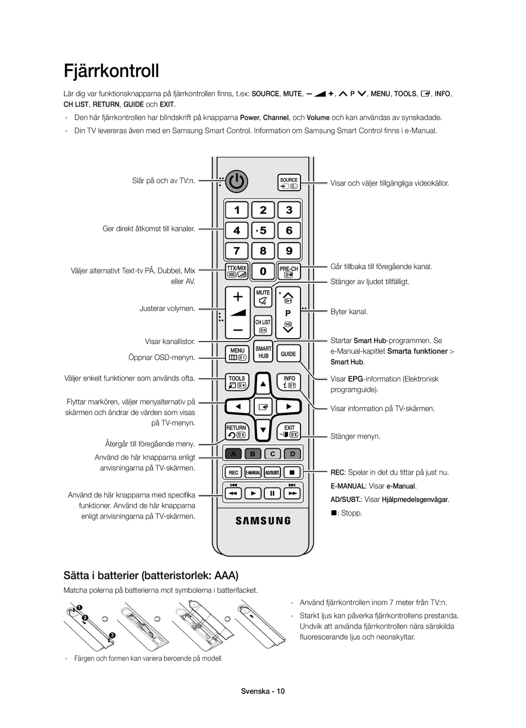 Samsung UE55H8005SQXXE, UE65H8005SQXXE, UE48H8005SQXXE manual Sätta i batterier batteristorlek AAA 