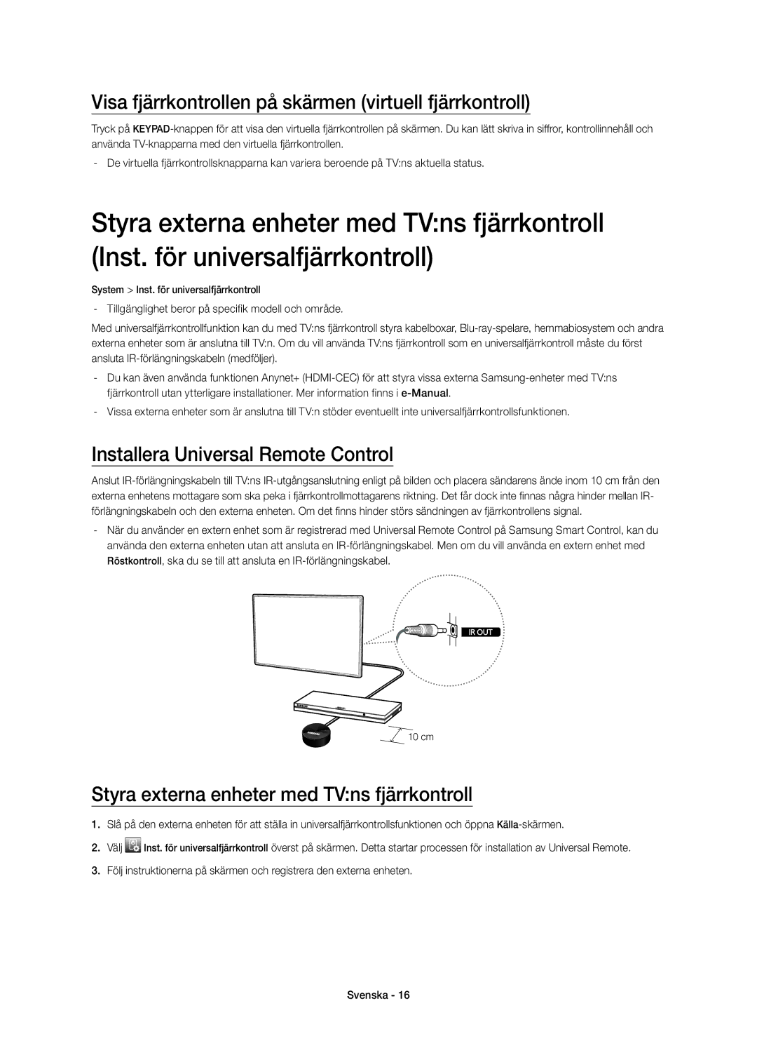 Samsung UE55H8005SQXXE manual Visa fjärrkontrollen på skärmen virtuell fjärrkontroll, Installera Universal Remote Control 