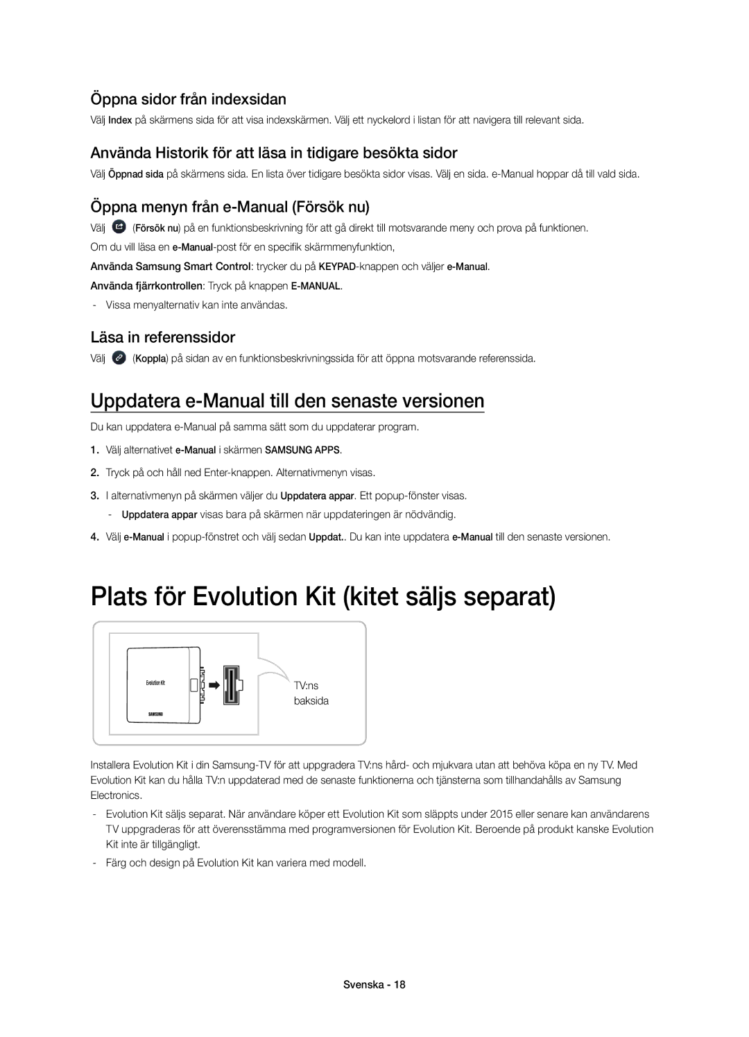 Samsung UE48H8005SQXXE manual Plats för Evolution Kit kitet säljs separat, Uppdatera e-Manual till den senaste versionen 