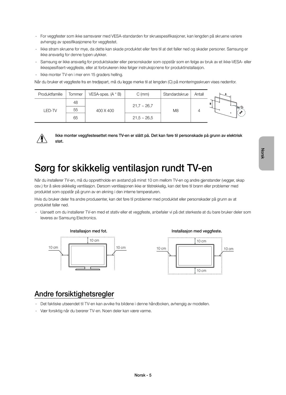 Samsung UE55H8005SQXXE, UE65H8005SQXXE manual Sørg for skikkelig ventilasjon rundt TV-en, Andre forsiktighetsregler, Antall 