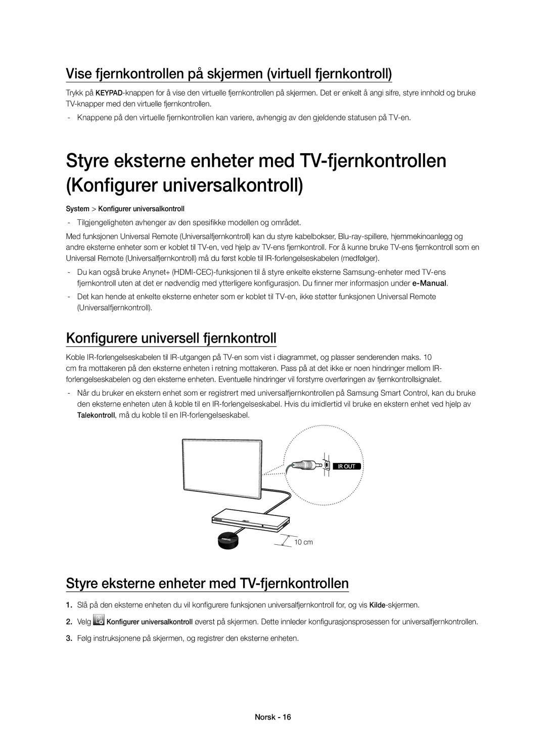 Samsung UE48H8005SQXXE manual Vise fjernkontrollen på skjermen virtuell fjernkontroll, Konfigurere universell fjernkontroll 