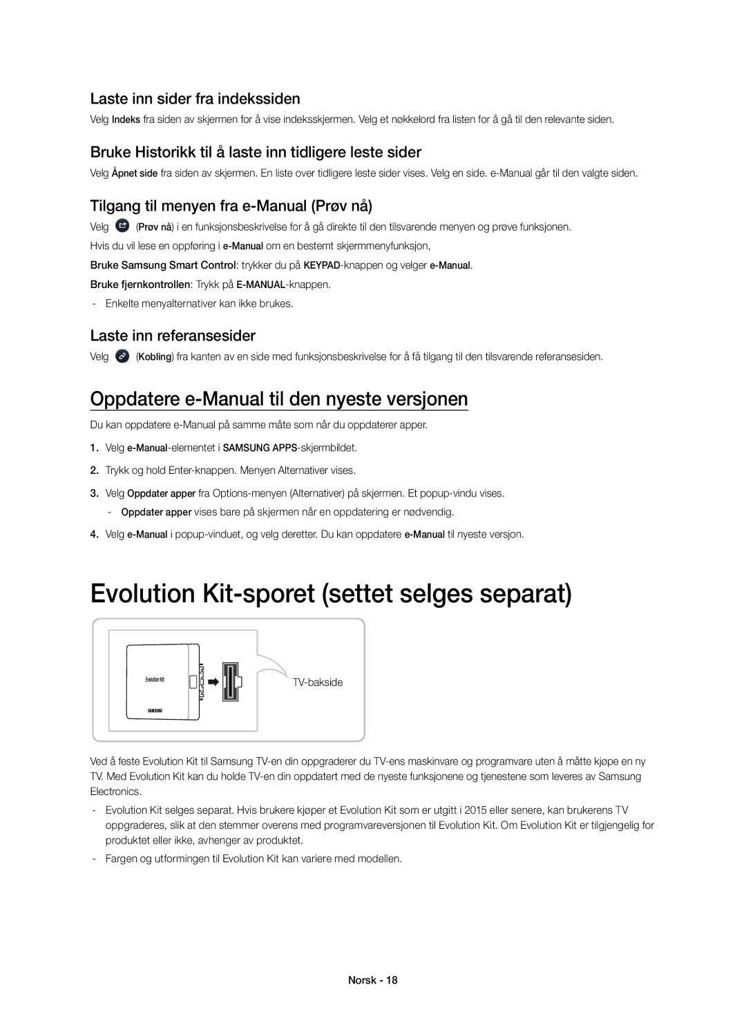 Samsung UE65H8005SQXXE manual Evolution Kit-sporet settet selges separat, Oppdatere e-Manual til den nyeste versjonen 