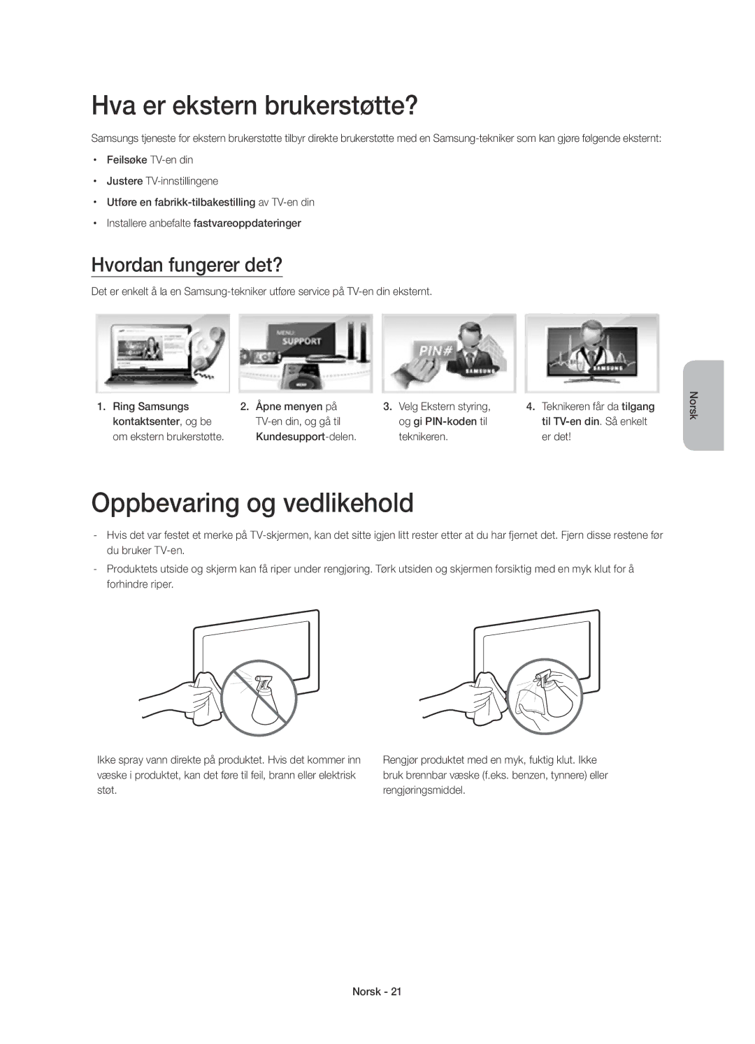 Samsung UE65H8005SQXXE, UE48H8005SQXXE, UE55H8005SQXXE manual Hva er ekstern brukerstøtte?, Oppbevaring og vedlikehold 