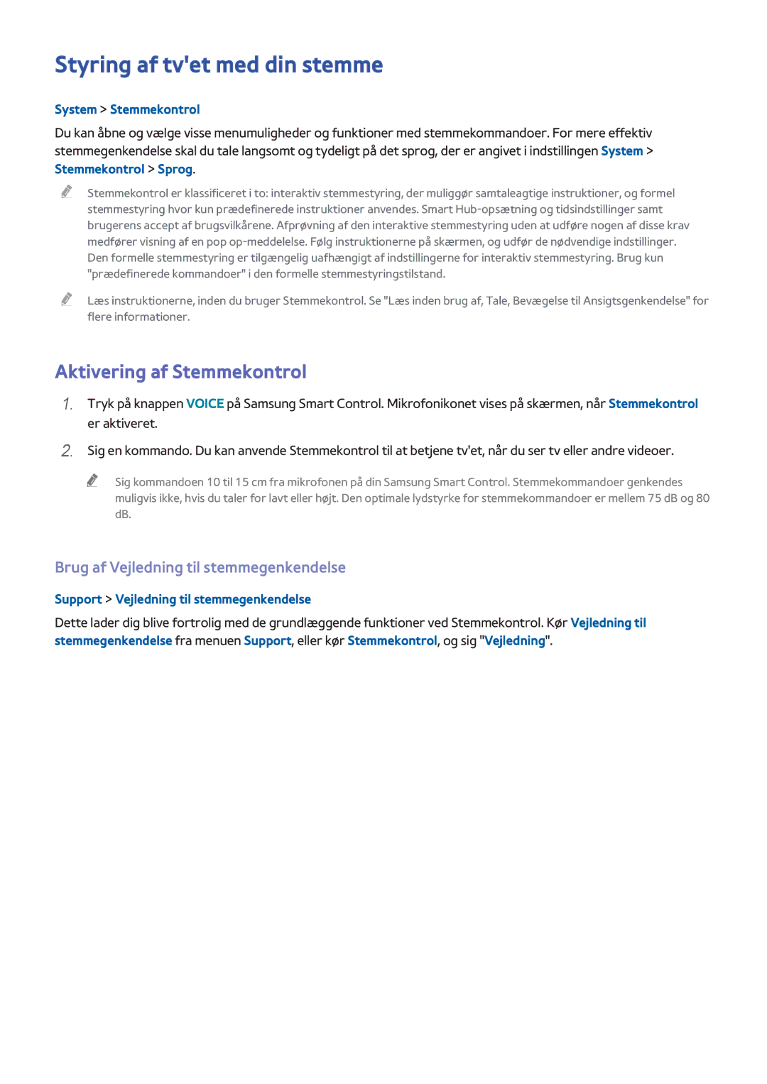 Samsung UE65H8005SQXXE, UE48H8005SQXXE Styring af tvet med din stemme, Aktivering af Stemmekontrol, System Stemmekontrol 