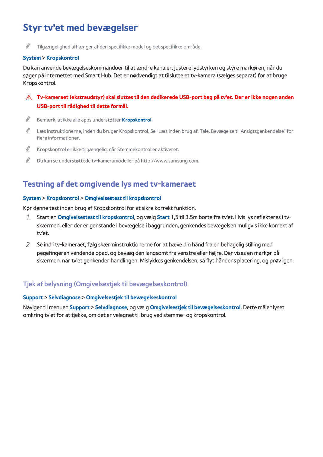 Samsung UE65H8005SQXXE manual Styr tvet med bevægelser, Testning af det omgivende lys med tv-kameraet, System Kropskontrol 