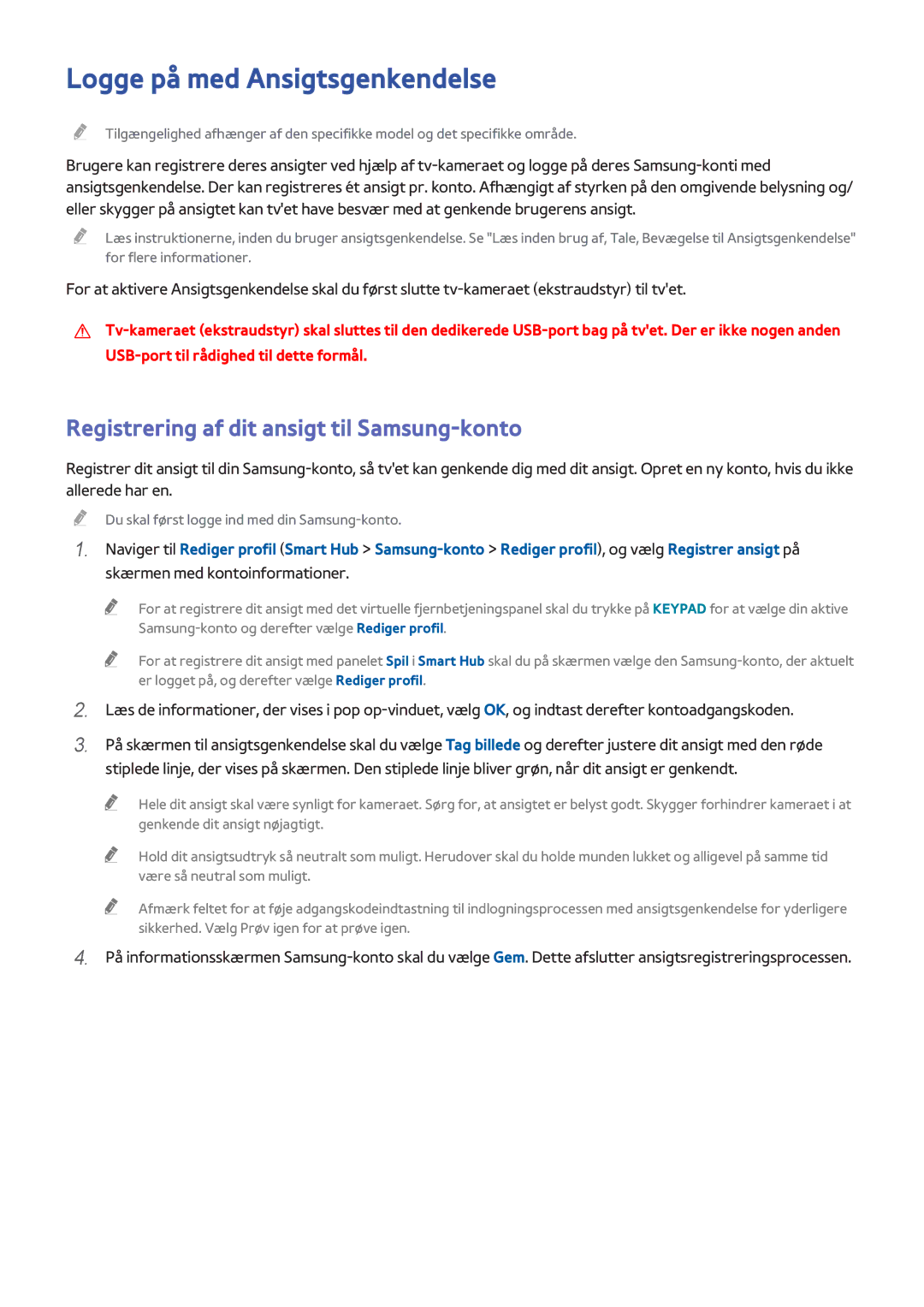 Samsung UE48H8005SQXXE, UE65H8005SQXXE manual Logge på med Ansigtsgenkendelse, Registrering af dit ansigt til Samsung-konto 