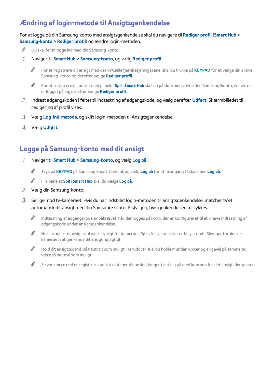 Samsung UE55H8005SQXXE manual Ændring af login-metode til Ansigtsgenkendelse, Logge på Samsung-konto med dit ansigt 