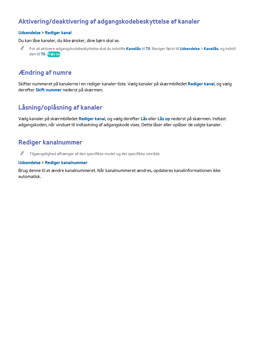 Samsung UE55H8005SQXXE, UE65H8005SQXXE Ændring af numre, Låsning/oplåsning af kanaler, Udsendelse Rediger kanalnummer 
