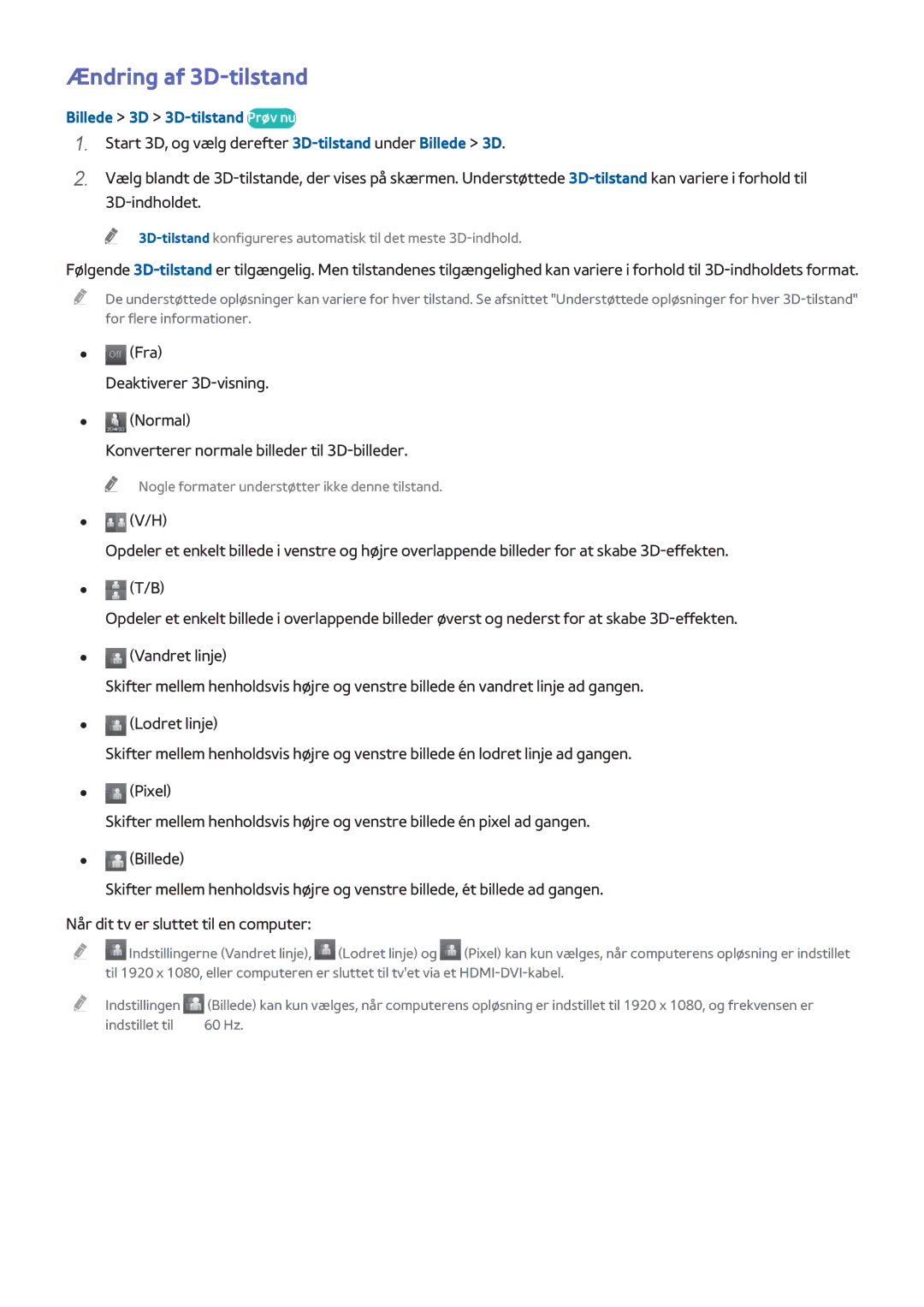 Samsung UE48H8005SQXXE, UE65H8005SQXXE, UE55H8005SQXXE manual Ændring af 3D-tilstand, Billede 3D 3D-tilstand Prøv nu 