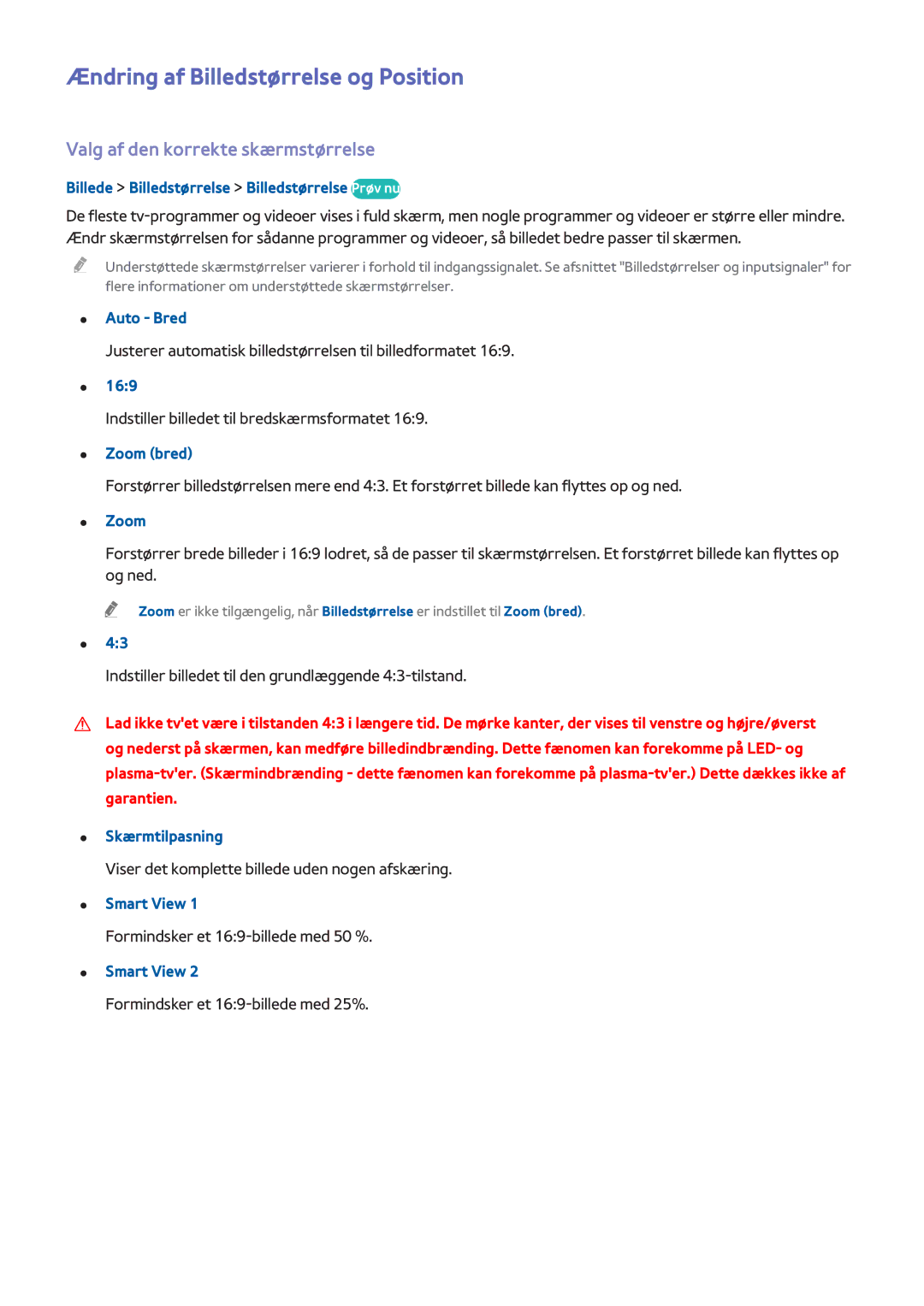 Samsung UE48H8005SQXXE, UE65H8005SQXXE manual Ændring af Billedstørrelse og Position, Valg af den korrekte skærmstørrelse 