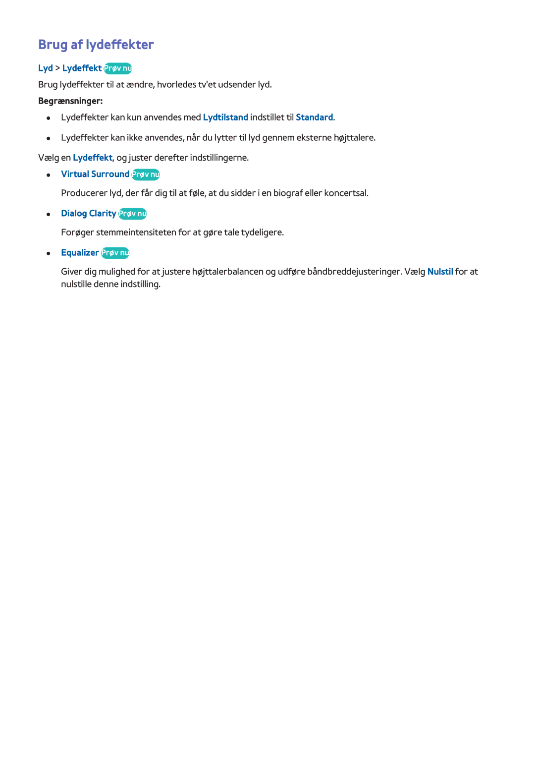 Samsung UE48H8005SQXXE manual Brug af lydeffekter, Lyd Lydeffekt Prøv nu, Virtual Surround Prøv nu, Dialog Clarity Prøv nu 