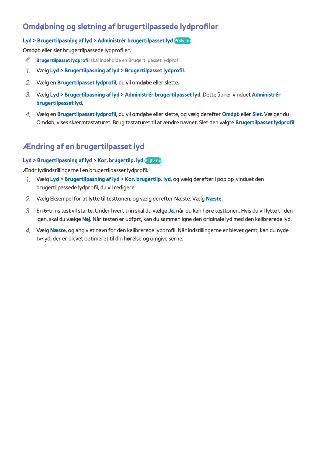 Samsung UE65H8005SQXXE manual Omdøbning og sletning af brugertilpassede lydprofiler, Ændring af en brugertilpasset lyd 