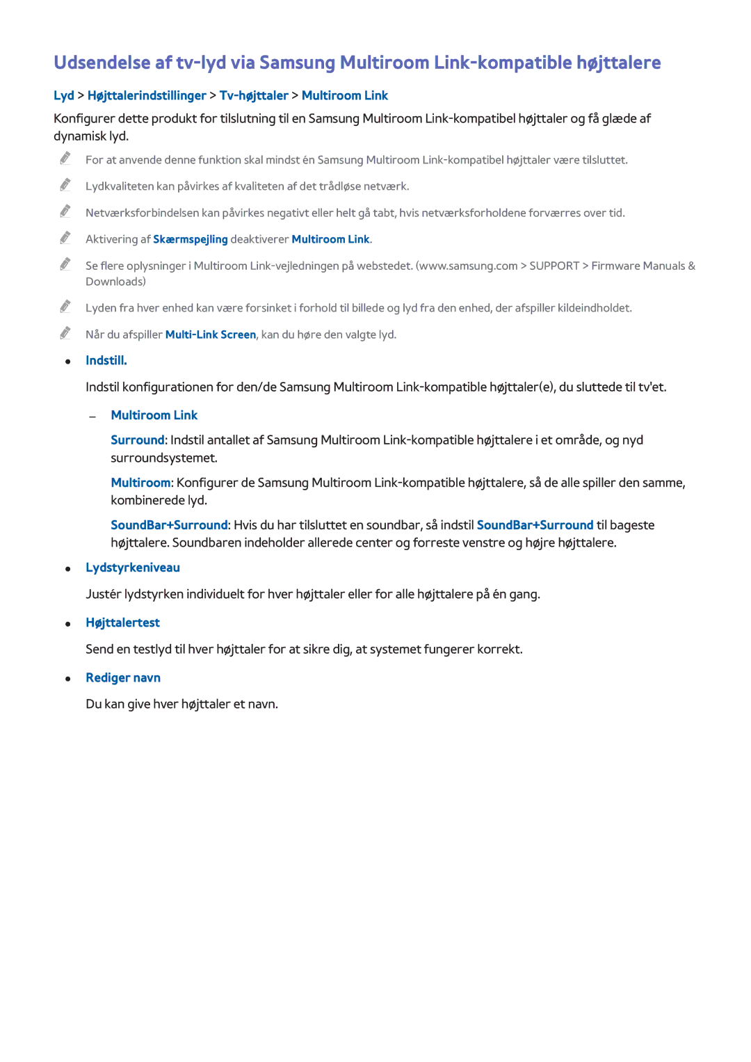 Samsung UE55H8005SQXXE manual Lyd Højttalerindstillinger Tv-højttaler Multiroom Link, Lydstyrkeniveau, Højttalertest 