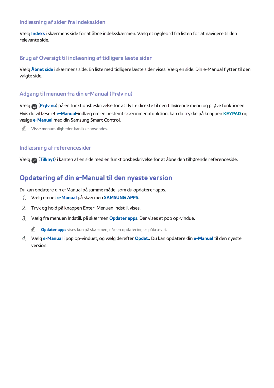 Samsung UE65H8005SQXXE manual Opdatering af din e-Manual til den nyeste version, Indlæsning af sider fra indekssiden 