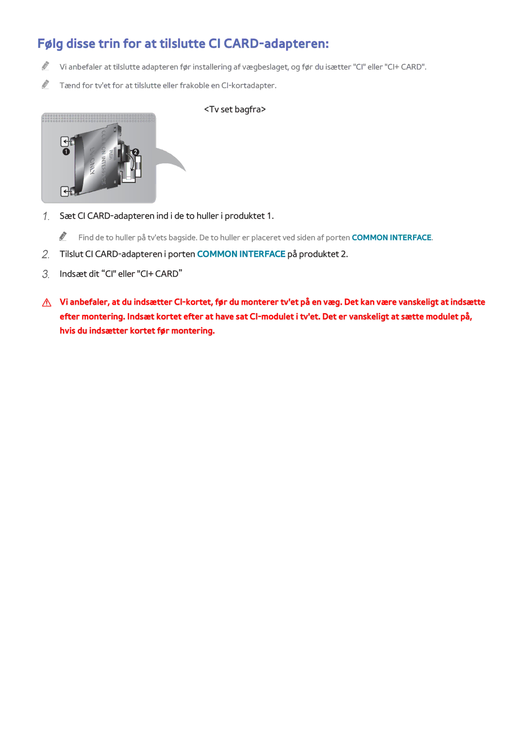 Samsung UE55H8005SQXXE, UE65H8005SQXXE, UE48H8005SQXXE manual Følg disse trin for at tilslutte CI CARD-adapteren 