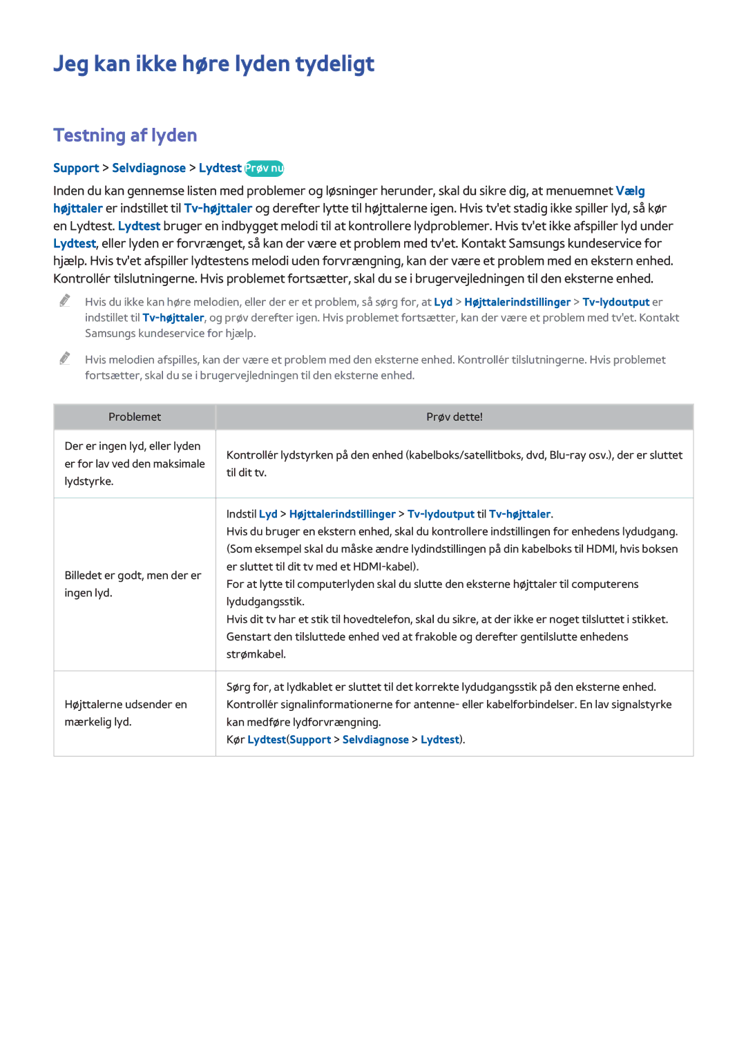 Samsung UE55H8005SQXXE manual Jeg kan ikke høre lyden tydeligt, Testning af lyden, Support Selvdiagnose Lydtest Prøv nu 