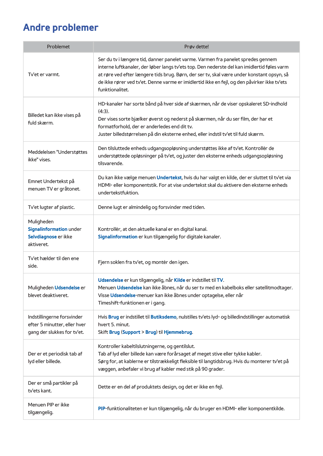 Samsung UE65H8005SQXXE, UE48H8005SQXXE, UE55H8005SQXXE manual Andre problemer, Selvdiagnose er ikke 