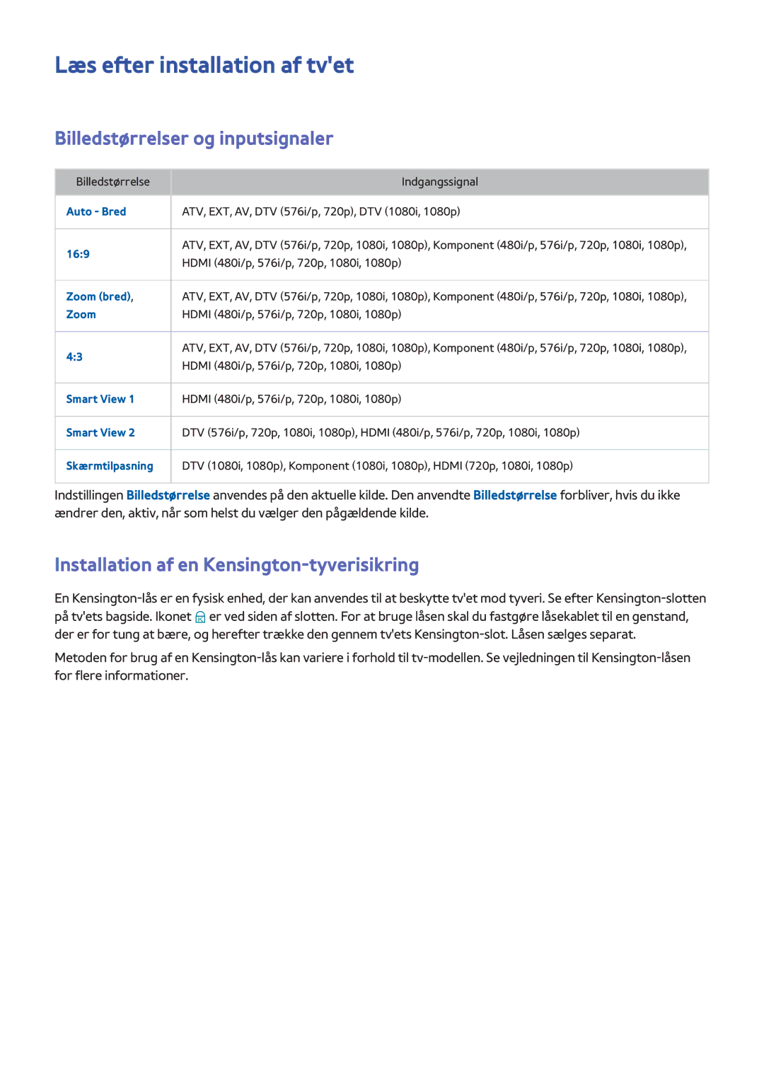 Samsung UE55H8005SQXXE, UE65H8005SQXXE, UE48H8005SQXXE Læs efter installation af tvet, Billedstørrelser og inputsignaler 