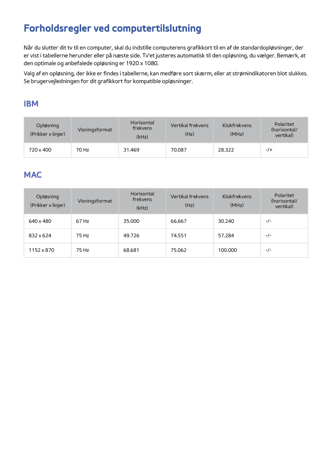 Samsung UE48H8005SQXXE, UE65H8005SQXXE, UE55H8005SQXXE manual Forholdsregler ved computertilslutning, Ibm 