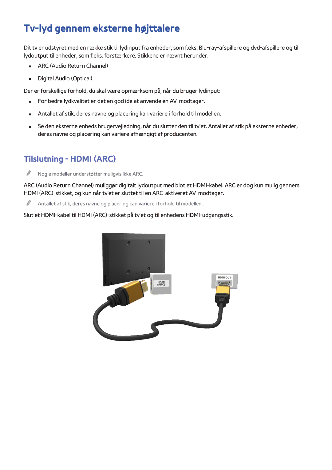 Samsung UE65H8005SQXXE, UE48H8005SQXXE, UE55H8005SQXXE manual Tv-lyd gennem eksterne højttalere, Tilslutning Hdmi ARC 