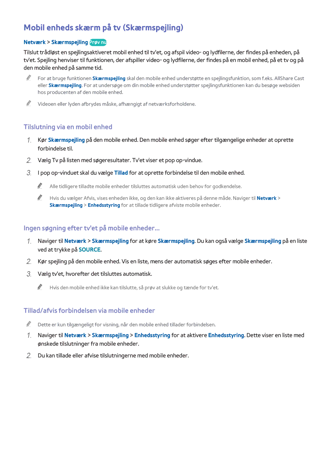Samsung UE48H8005SQXXE, UE65H8005SQXXE manual Mobil enheds skærm på tv Skærmspejling, Tilslutning via en mobil enhed 