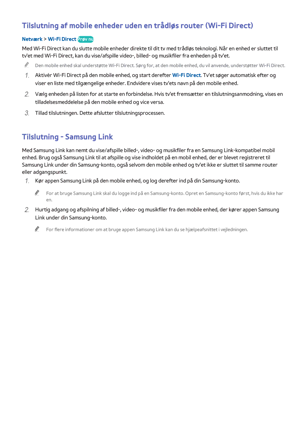 Samsung UE55H8005SQXXE, UE65H8005SQXXE, UE48H8005SQXXE manual Tilslutning Samsung Link, Netværk Wi-Fi Direct Prøv nu 