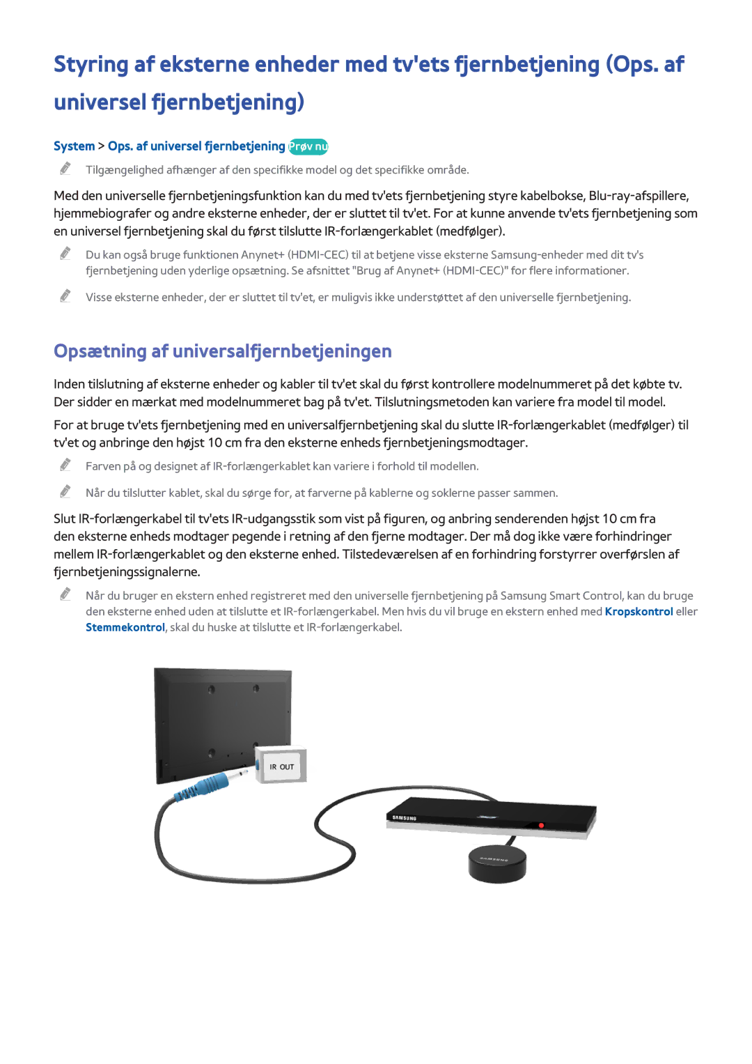 Samsung UE55H8005SQXXE manual Opsætning af universalfjernbetjeningen, System Ops. af universel fjernbetjening Prøv nu 