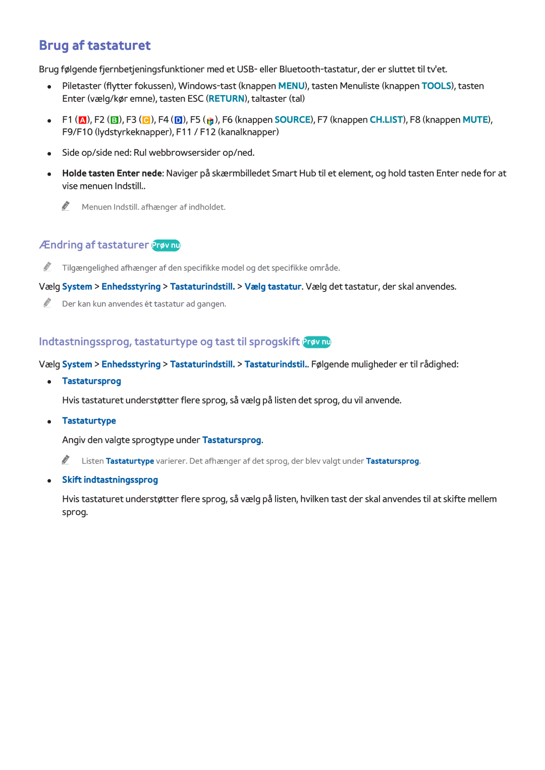 Samsung UE65H8005SQXXE manual Brug af tastaturet, Ændring af tastaturer Prøv nu, Tastaturtype, Skift indtastningssprog 