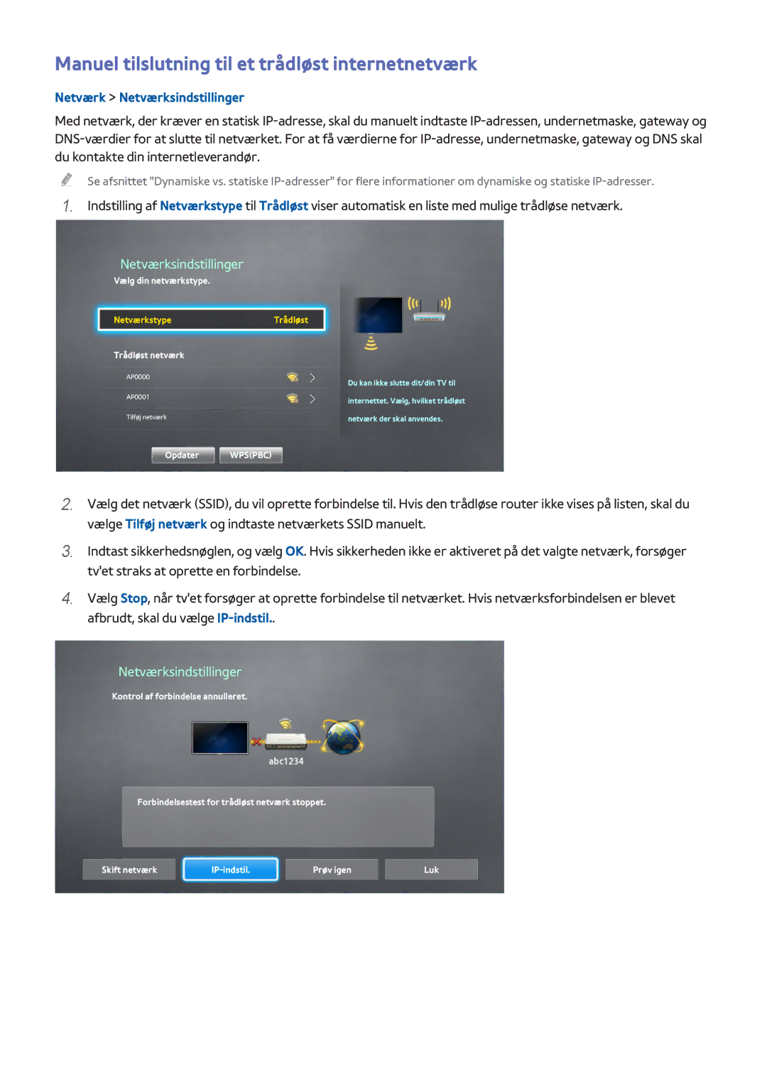 Samsung UE55H8005SQXXE, UE65H8005SQXXE, UE48H8005SQXXE manual Manuel tilslutning til et trådløst internetnetværk, 111 